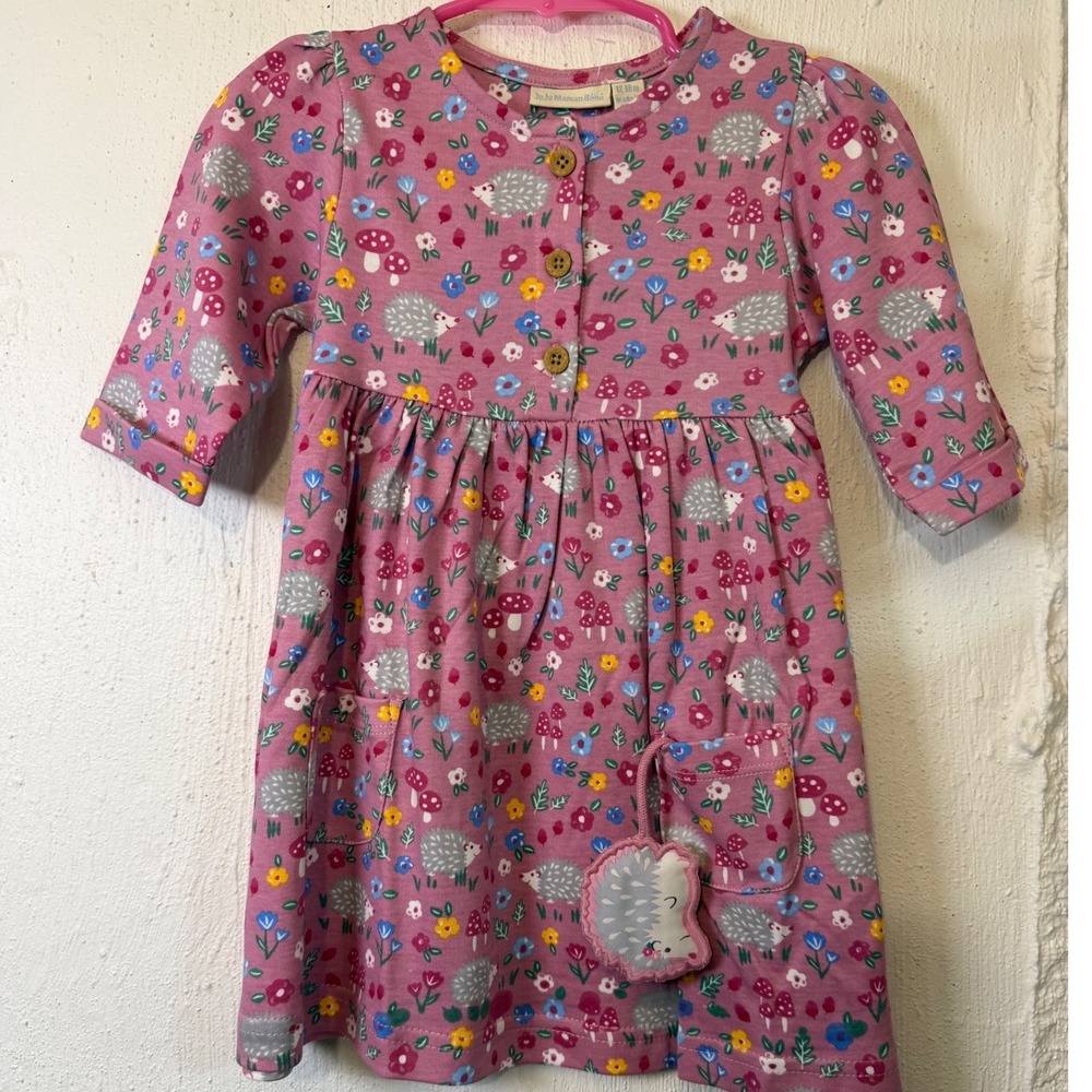 JoJo Maman Bebe Pink Hedgehog Woodland Dress w attached Plush Toy 12-18 Months